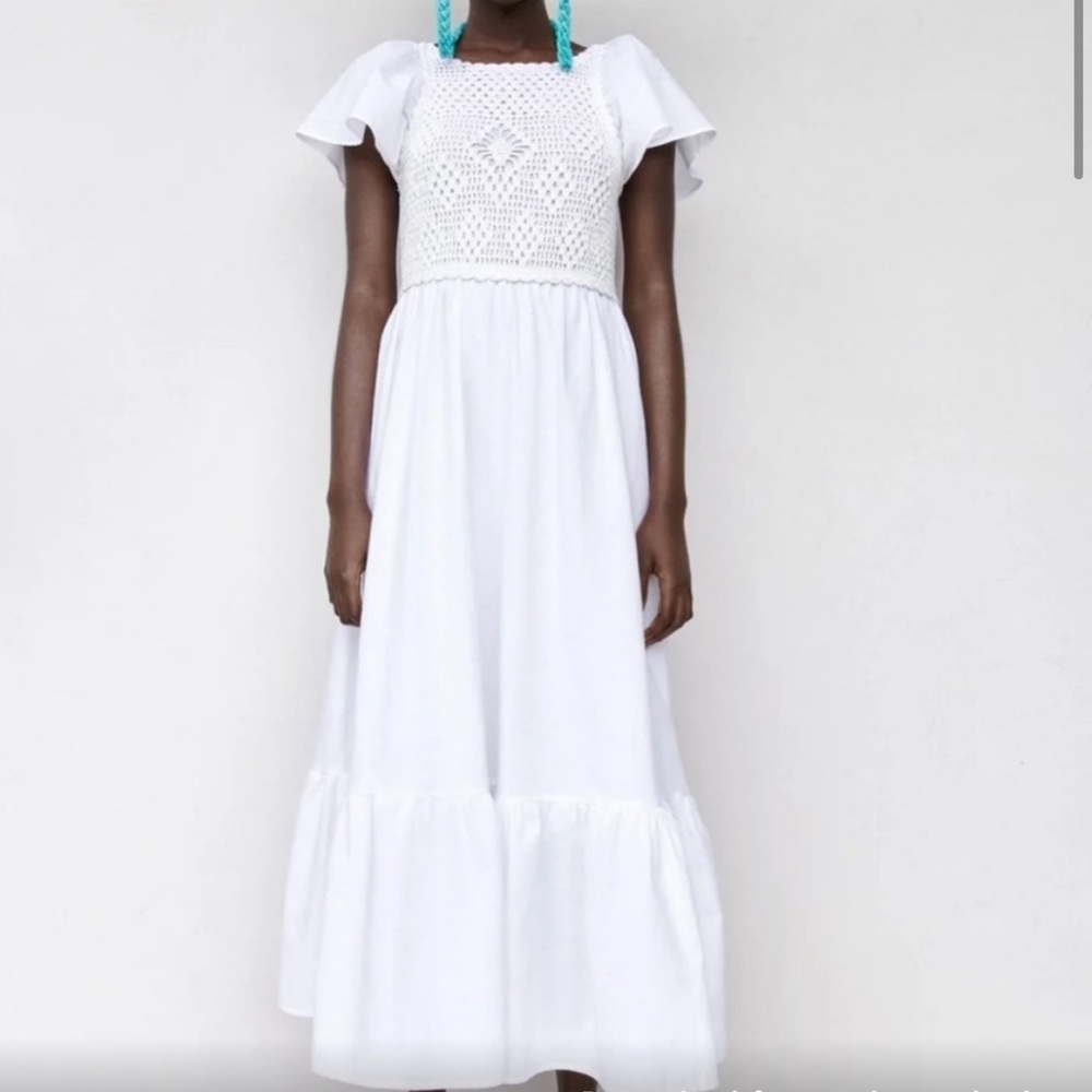 Zara white maxi dress with crochet top and open back, size XS, NWT